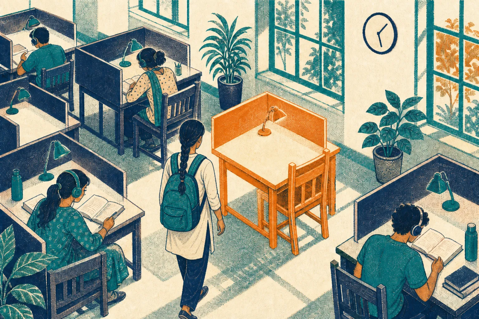 Meera walks through a quiet study hall toward the empty desk waiting for her.