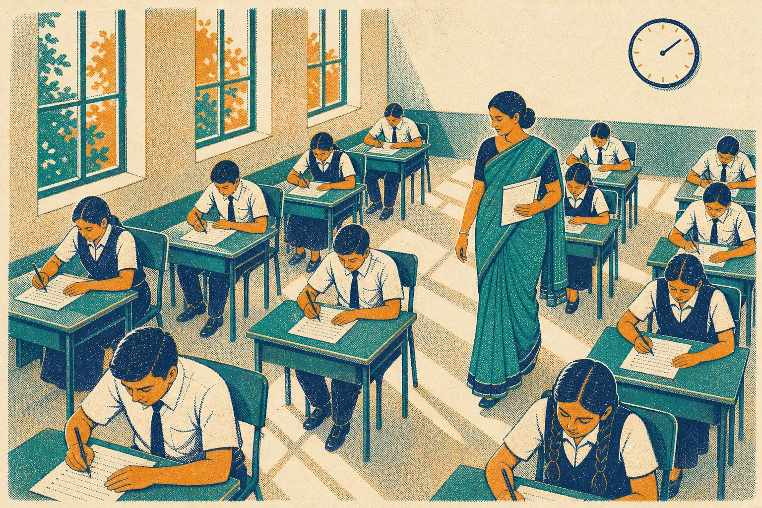 Students in school uniform write a test in a sunlit hall while a teacher walks between the desks.