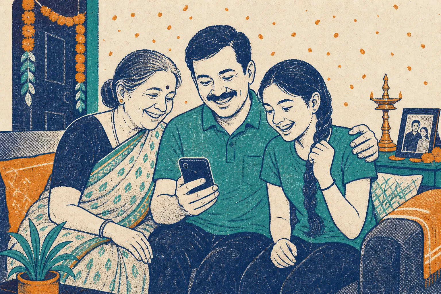 Meera, her father and her grandmother cheer at her result on a phone in their festive living room.