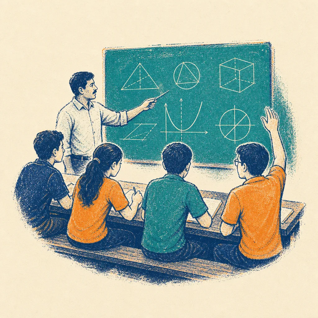 A teacher points at geometry on a green board while a student raises a hand.